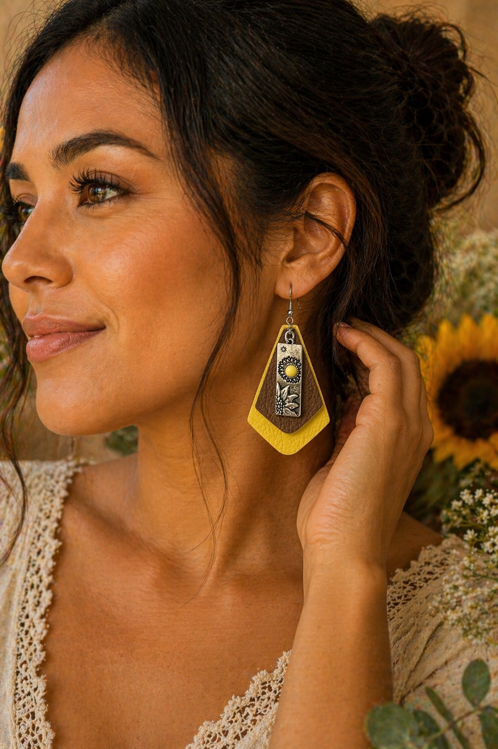 Sunflower Layered Faux Leather Earrings | Yellow & Brown Boho Dangles with Metal Floral Accent