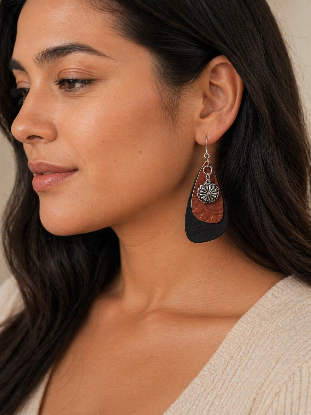 Layered Leather Teardrop Earrings with Silver-Tone Concho Charm | Western Boho Dangle Earrings