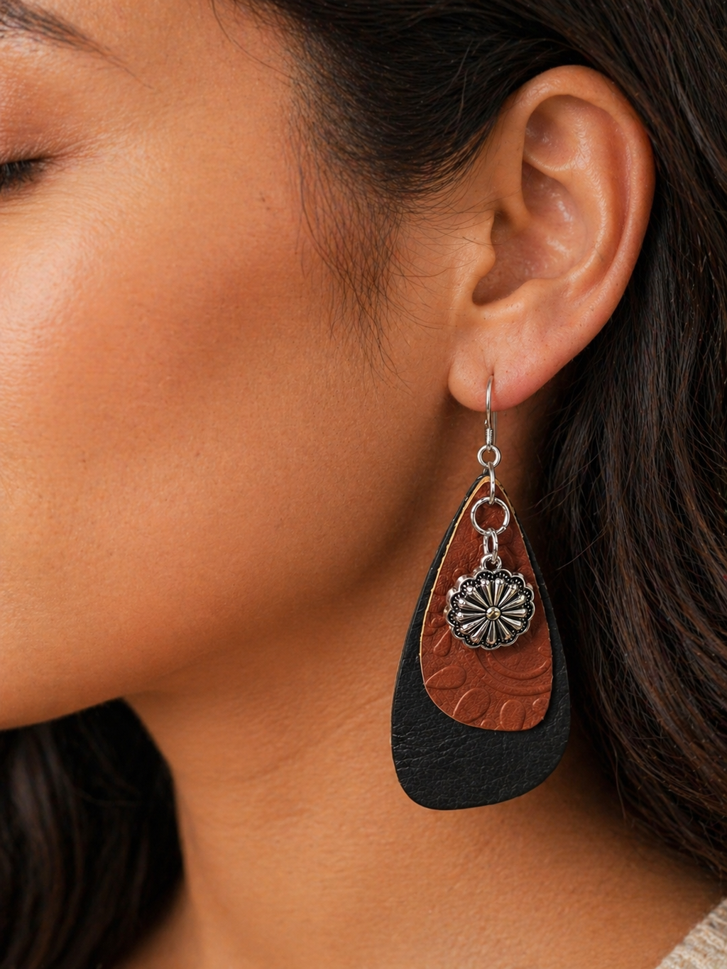 Layered Leather Teardrop Earrings with Silver-Tone Concho Charm | Western Boho Dangle Earrings