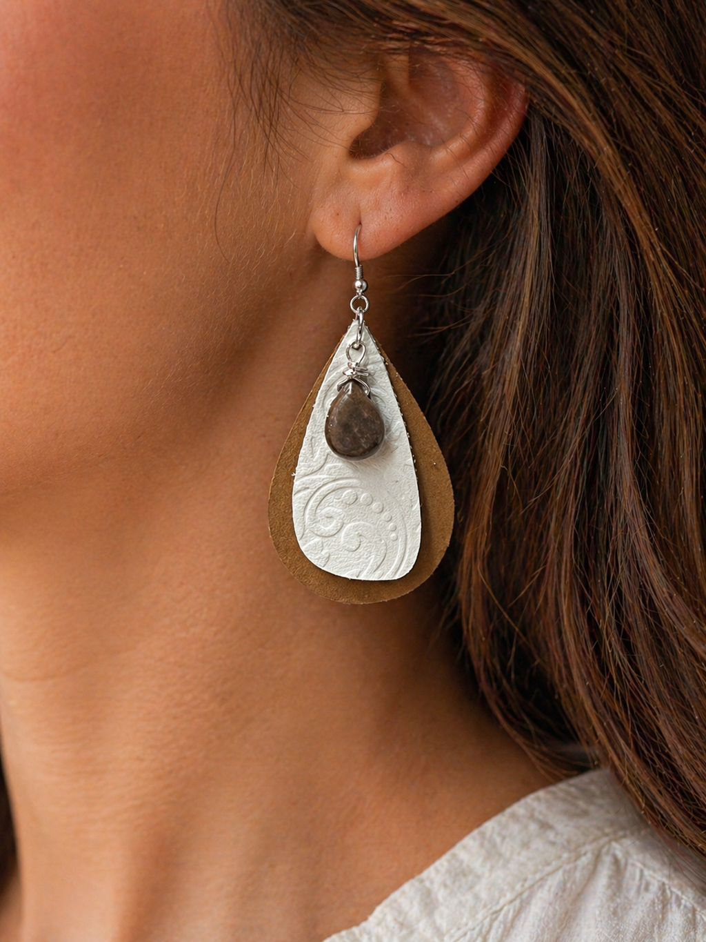 Layered Genuine Leather Teardrop Earrings with Natural Stone Charm | Boho Neutral Dangle Earrings