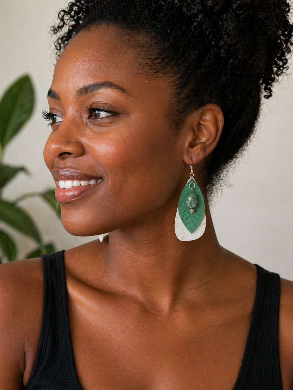 Layered Genuine Leather Earrings with Green Stone Accent | Lightweight Boho Dangle Earrings