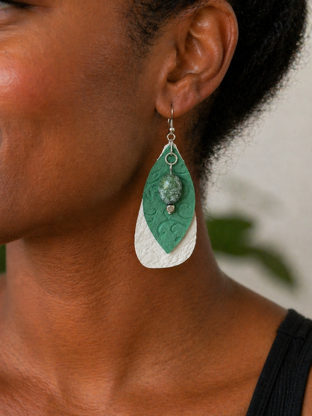 Layered Genuine Leather Earrings with Green Stone Accent | Lightweight Boho Dangle Earrings
