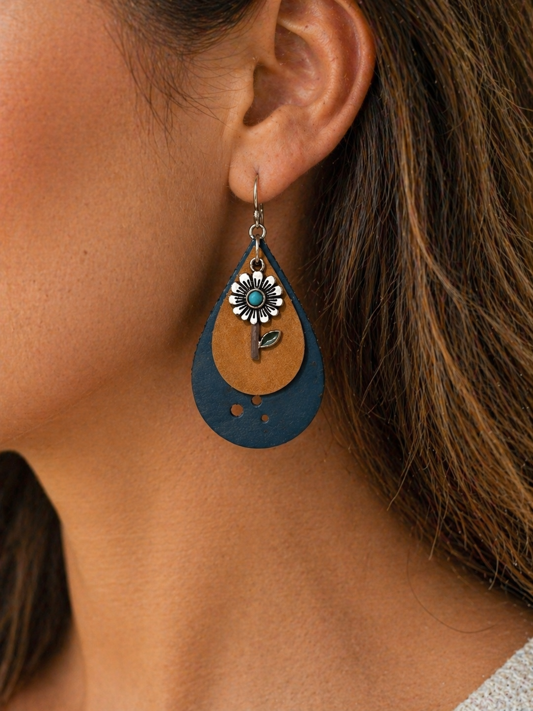 Sunflower Teardrop Genuine Leather Earrings | Western Boho Dangle Earrings | Lightweight Floral Jewelry