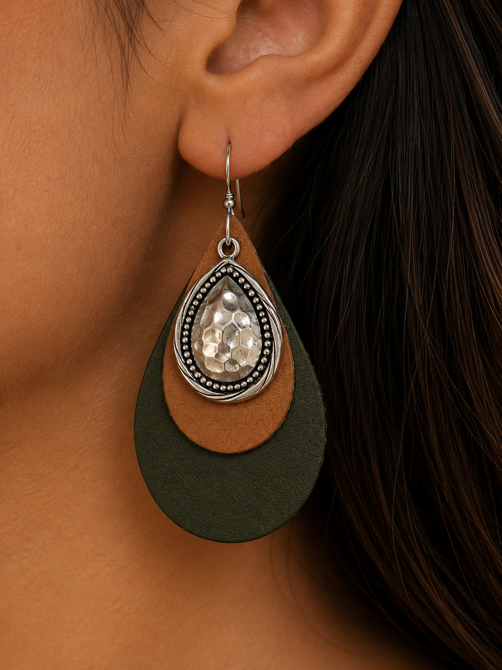 Western Olive & Tan Layered Leather Teardrop Earrings with Hammered Silver Accent
