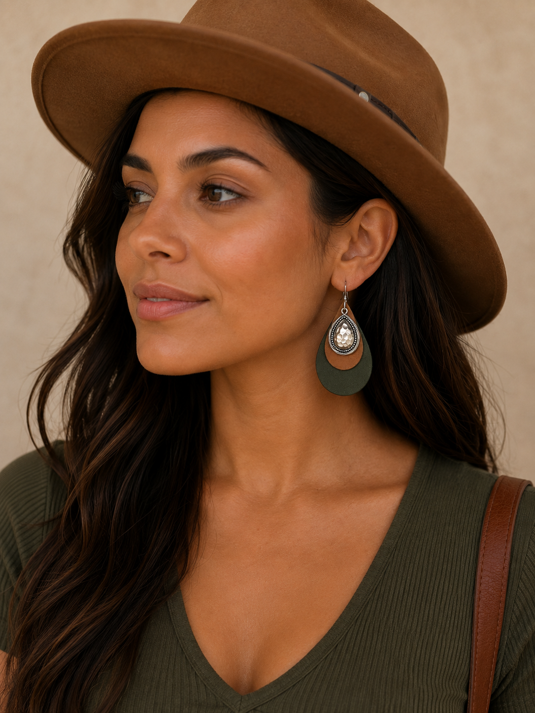 Western Olive & Tan Layered Leather Teardrop Earrings with Hammered Silver Accent