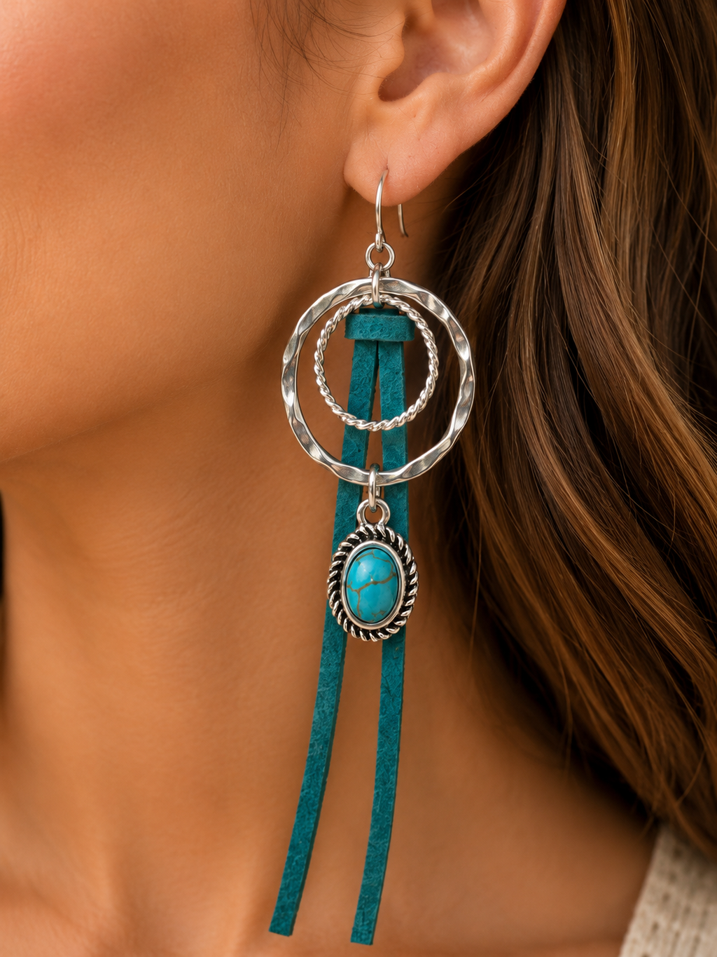 Turquoise-Tone Western Leather Fringe Earrings | Boho Silver Hoop Dangle Earrings