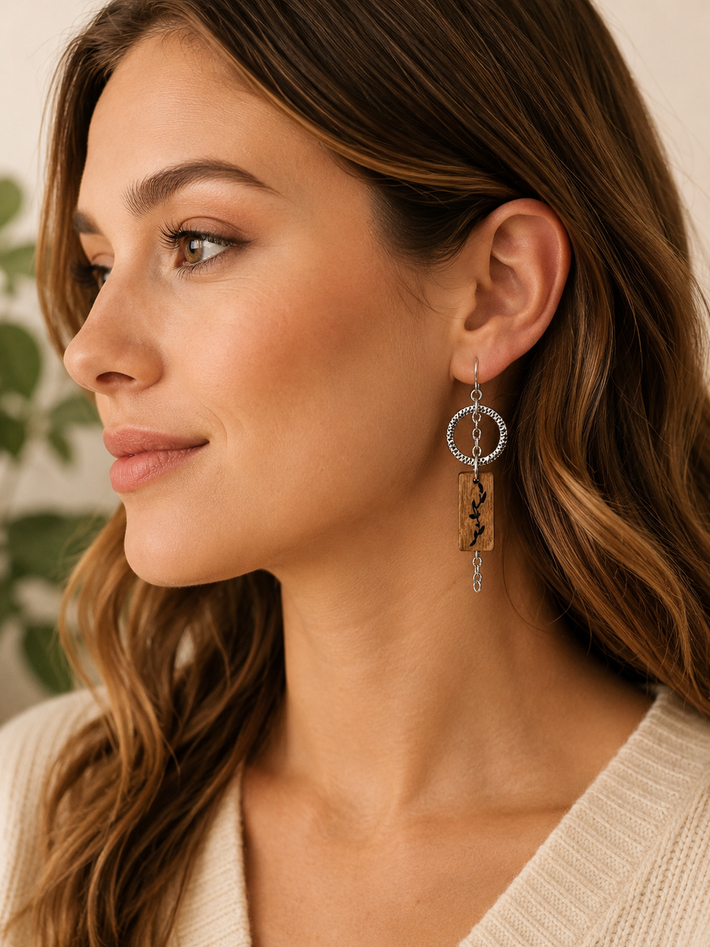 Hammered Silver & Wood Vine Dangle Earrings | Rustic Boho Statement Earrings