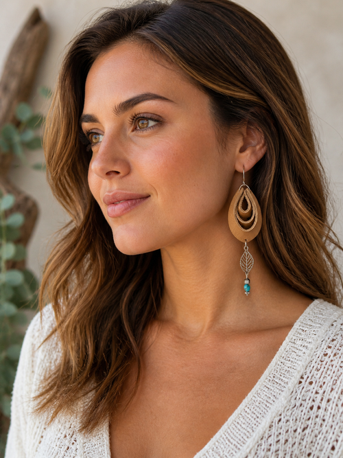 Boho Leaf Genuine Leather Earrings with Turquoise Like Bead | Lightweight Western Dangle Earrings