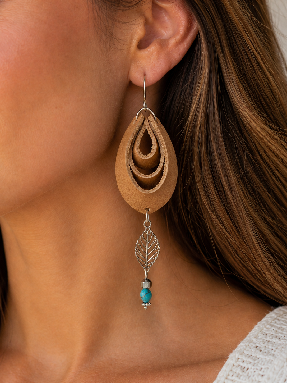 Boho Leaf Genuine Leather Earrings with Turquoise Like Bead | Lightweight Western Dangle Earrings