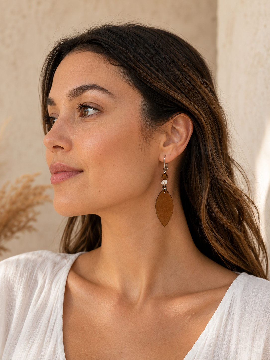 Genuine Leather Jasper & Magnesite Earrings | Handmade Boho Western Dangle Earrings
