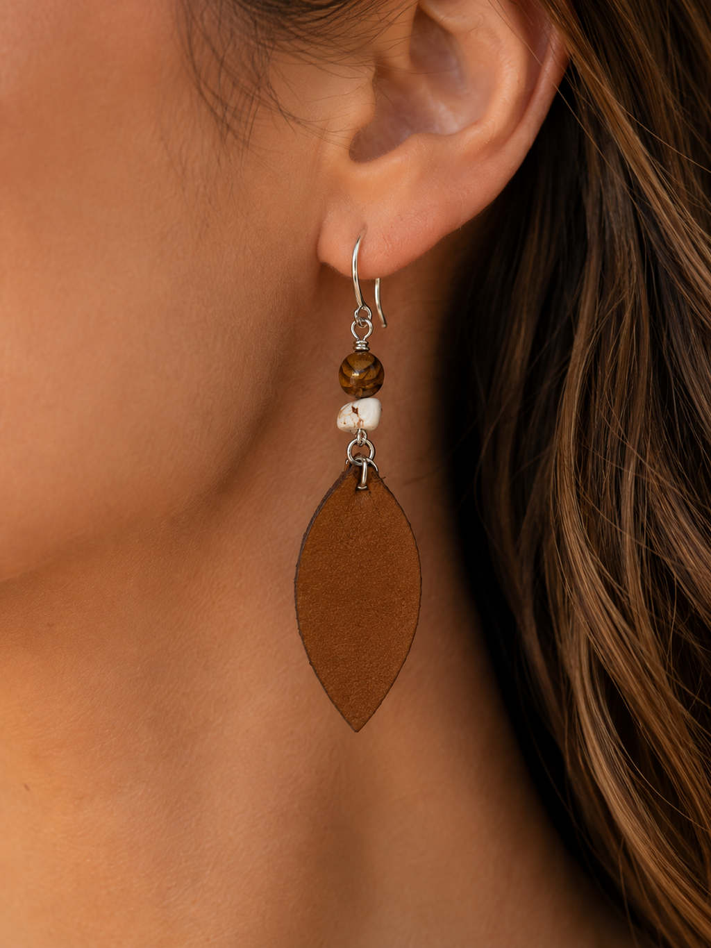 Genuine Leather Jasper & Magnesite Earrings | Handmade Boho Western Dangle Earrings