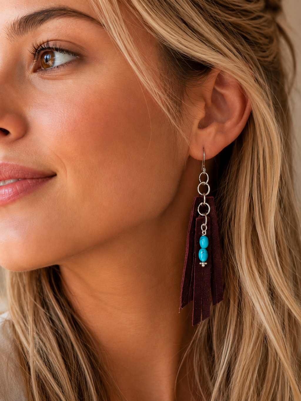Western Turquoise Like Stones -Genuine Leather Tassel Earrings
