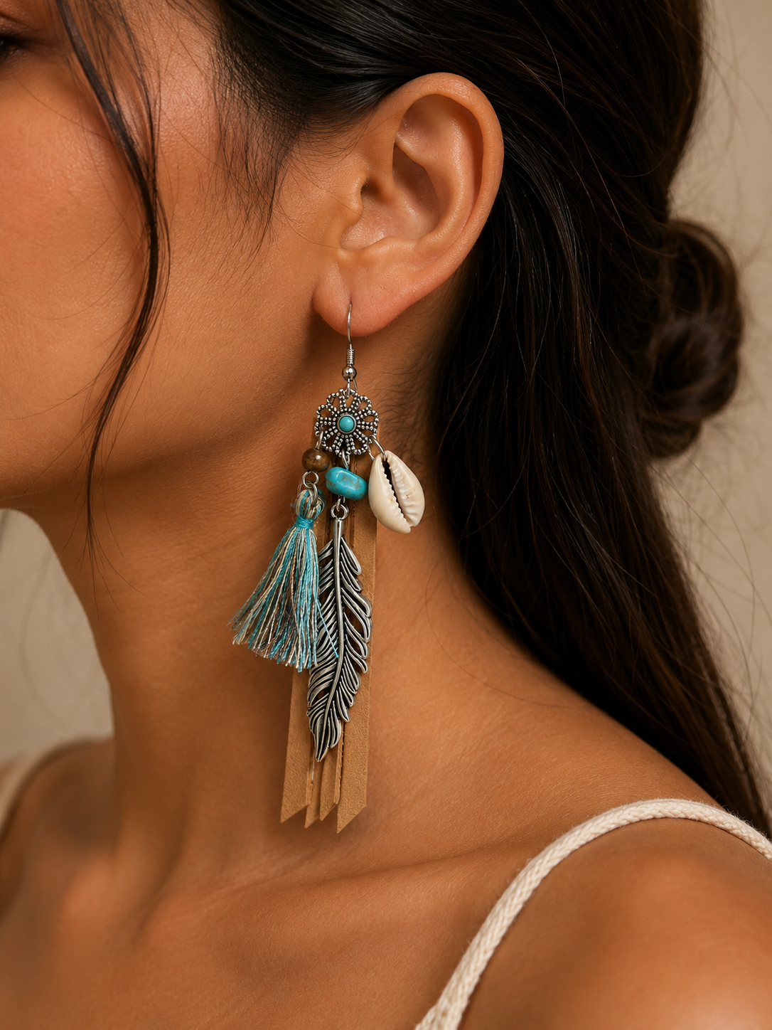 Shell & Feather Boho Leather Tassel Earrings