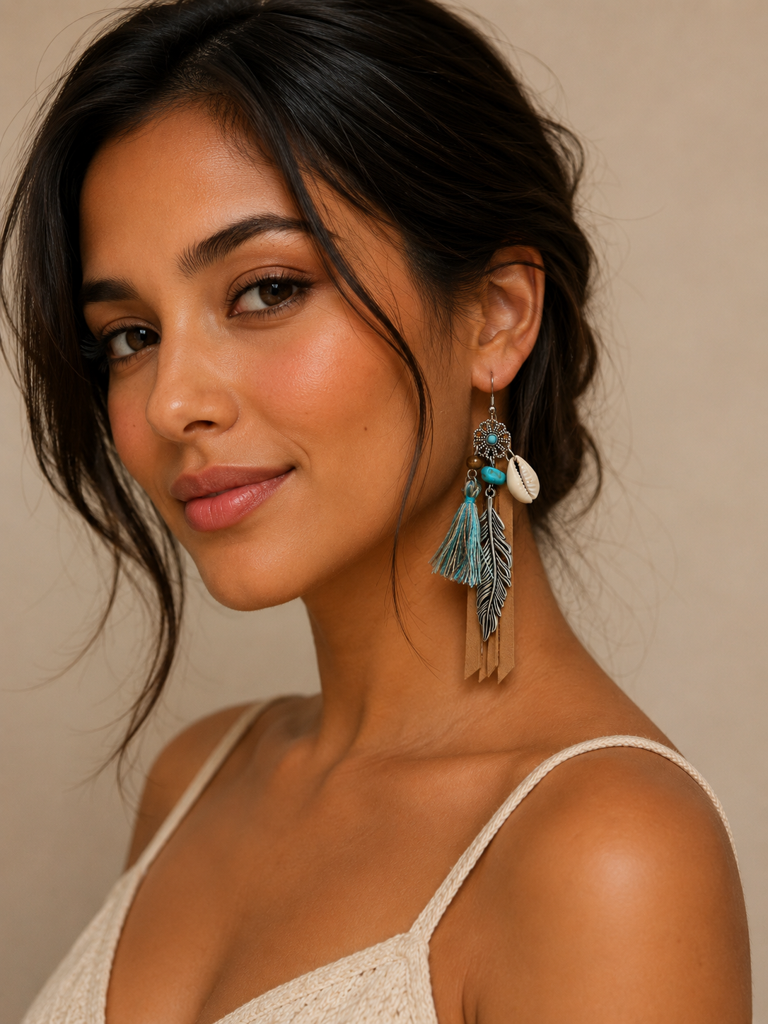 Shell & Feather Boho Leather Tassel Earrings