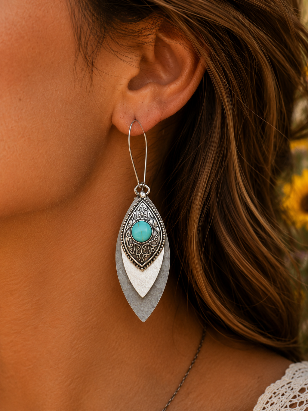 Grey Western Layered Leather Earrings