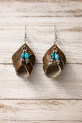 Brown Genuine Leather Wrap Earrings with Turquoise-Tone & Silver Beads