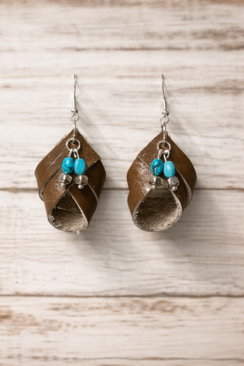 Brown Genuine Leather Wrap Earrings with Turquoise-Tone & Silver Beads