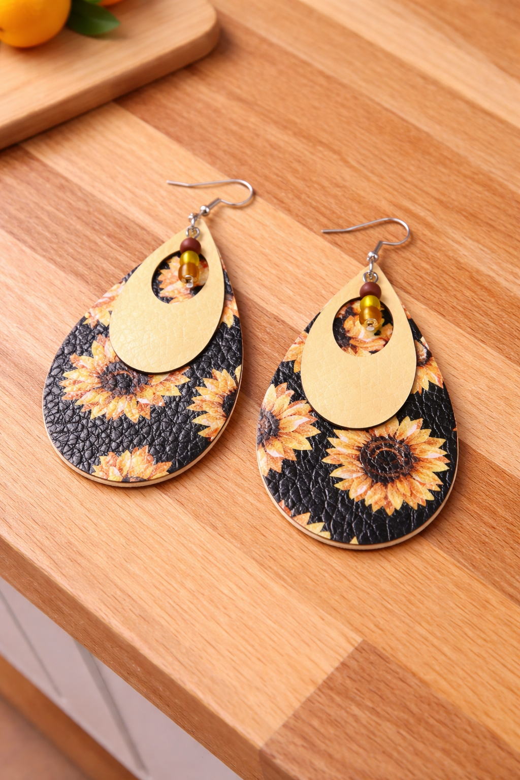 Handmade Lightweight Faux Leather Sunflower Earrings – Boho Floral Dangle Jewelry