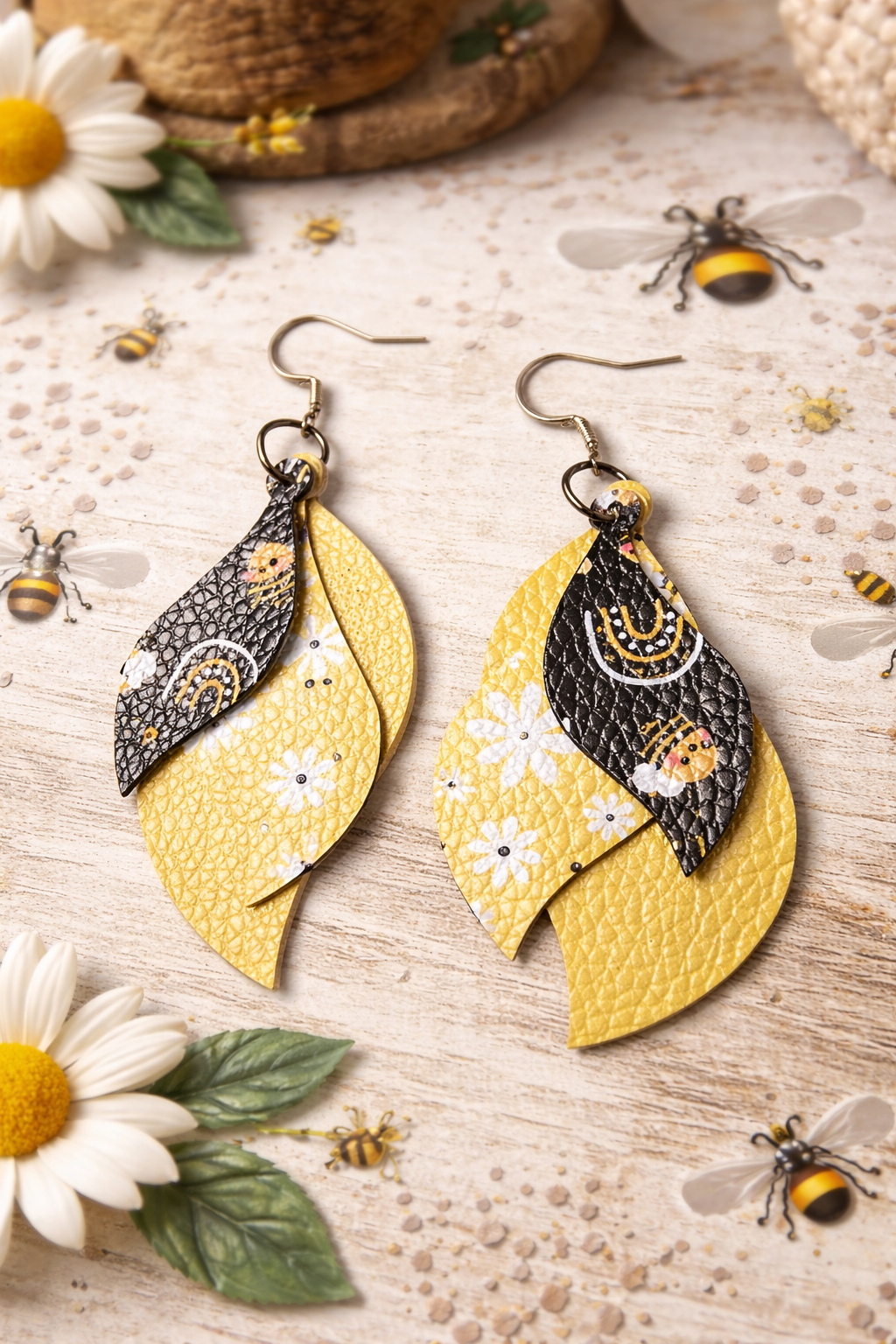 Sunshine Bee and Daisy Layered Leaf Earrings