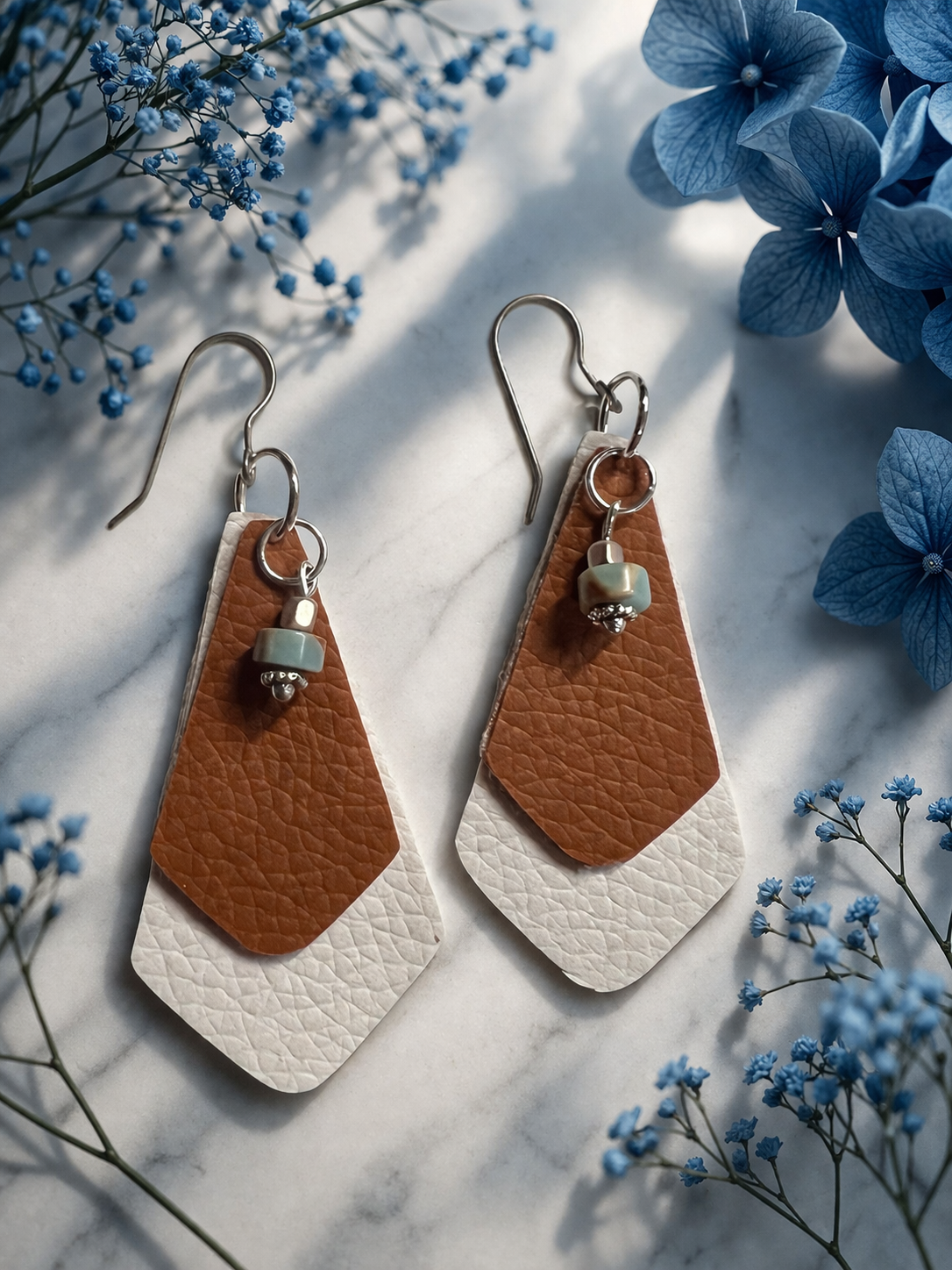 Brown & White Layered Faux Leather Earrings with Blue and Brown Accent Bead