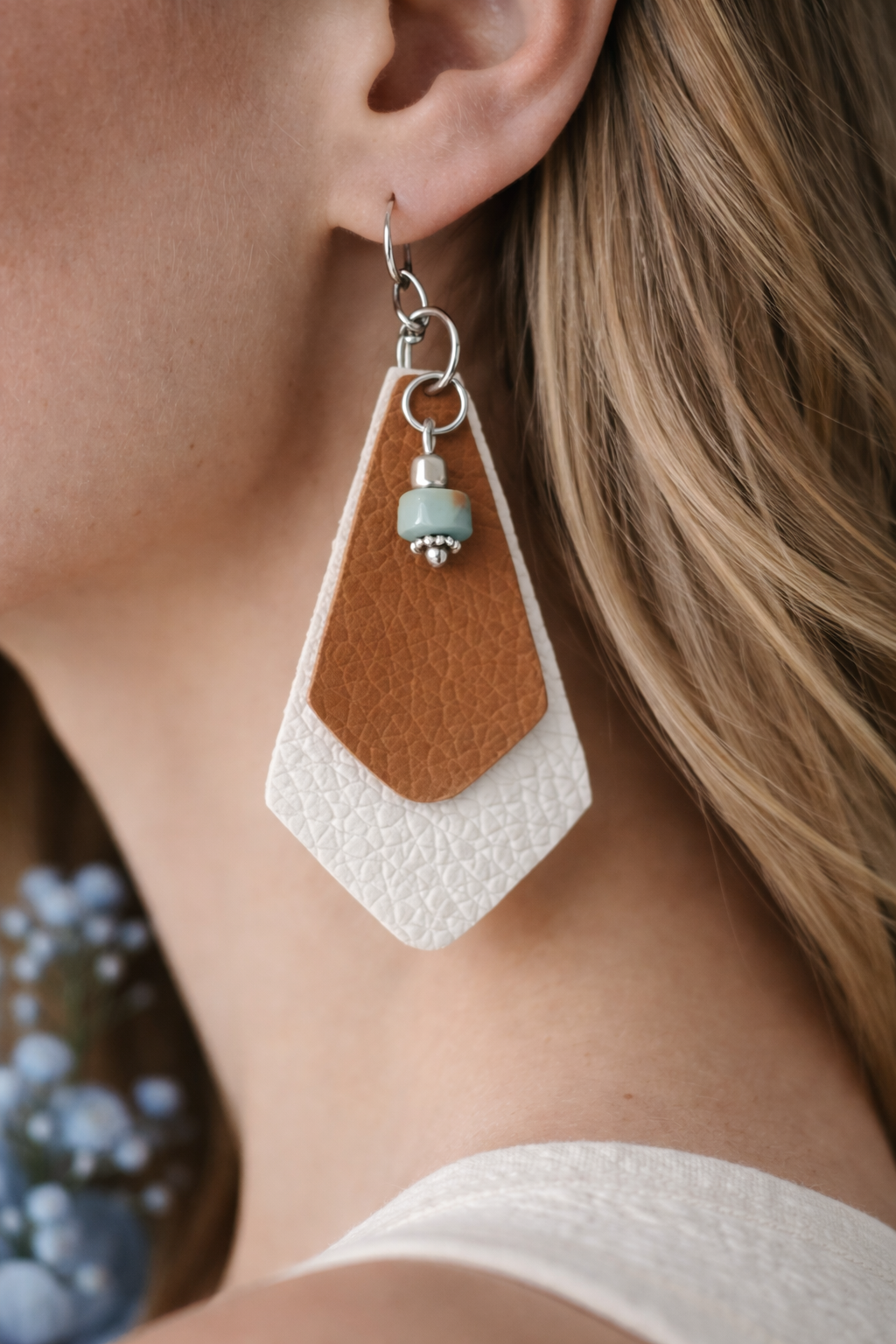 Brown & White Layered Faux Leather Earrings with Blue and Brown Accent Bead