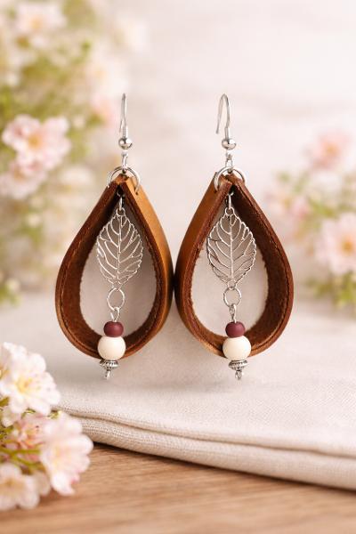 Genuine Leather Leaf Charm Earrings
