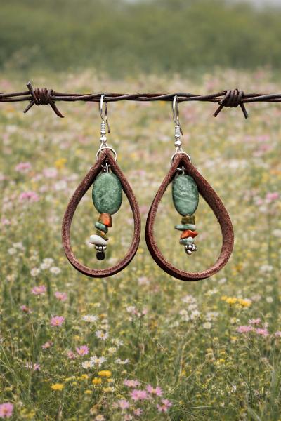 Unakite Stone & Genuine Leather Drop Earrings
