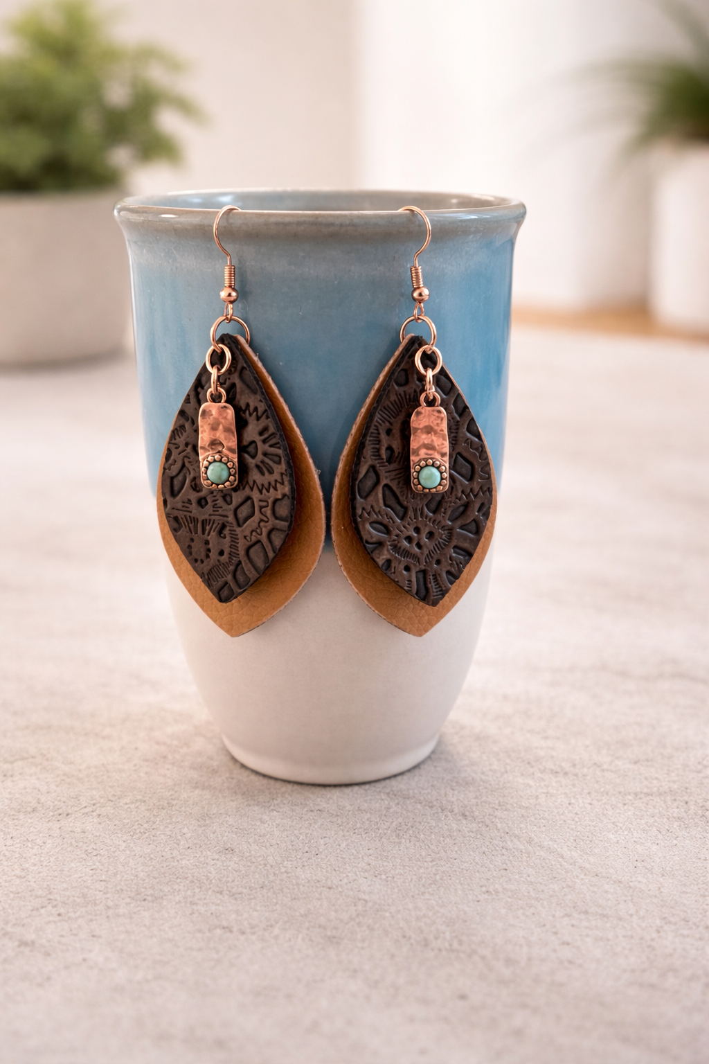 Copper-Tone Charm Teardrop Earrings | Faux Leather Statement Earrings