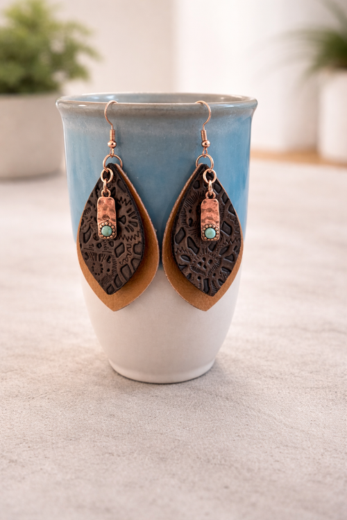 Copper-Tone Charm Teardrop Earrings | Faux Leather Statement Earrings