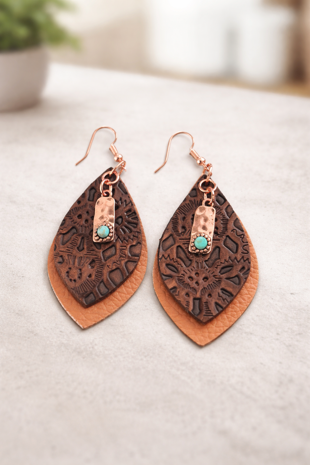 Copper-Tone Charm Teardrop Earrings | Faux Leather Statement Earrings