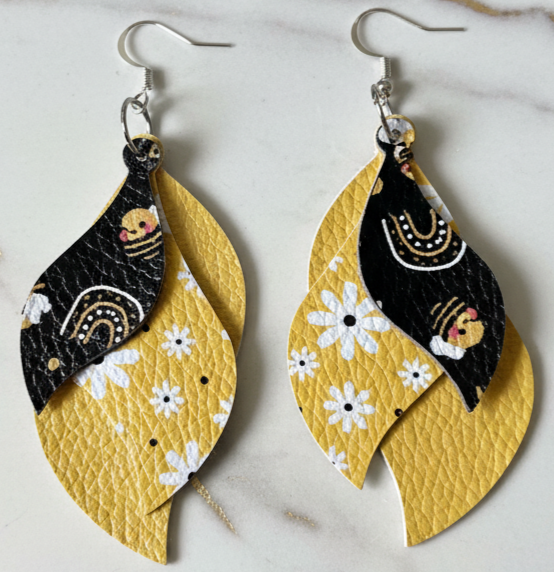 Sunshine Bee and Daisy Layered Leaf Earrings