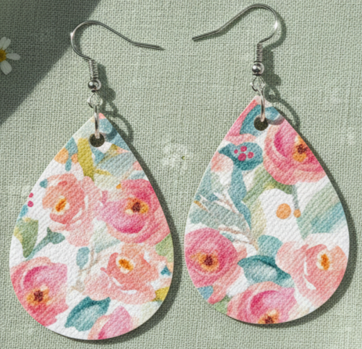 Floral Teardrop Faux Leather Earrings
