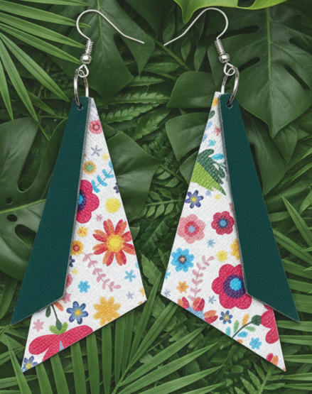 Floral & Dark Green Layered Faux Leather Dangle Earrings