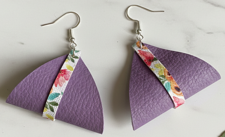 Faux Leather Purple Floral Stripe Earrings