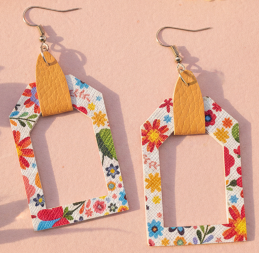 Floral Open Frame Faux Leather Dangle Earrings
