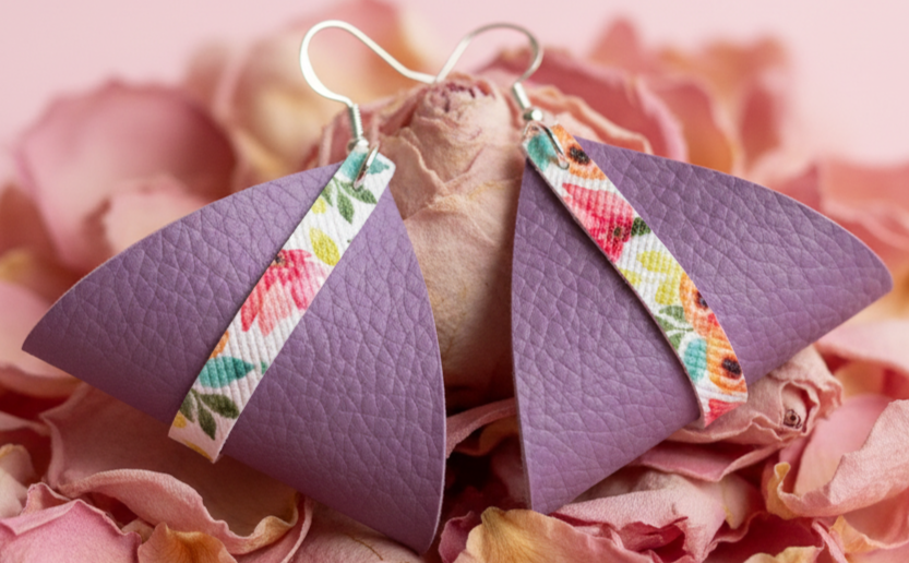 Faux Leather Purple Floral Stripe Earrings