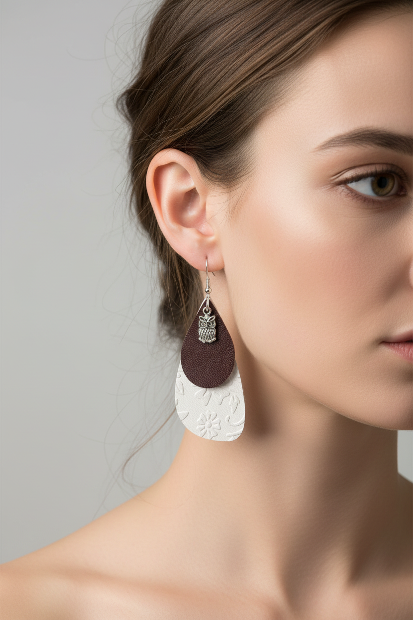 Model wearing layered owl charm earrings
